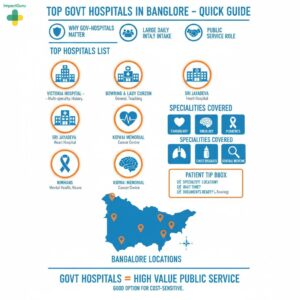 Top Government Hospitals in Bangalore (Bengaluru) - Quick Guide. Government hospitals matter because of Large Daily Intake and their Public Service Role. Top Hospitals listed include: Victoria Hospital (Multi-specialty, History), Bowring & Lady Curzon (General, Teaching), Sri Jayadeva Heart Hospital, Kidwai Memorial Cancer Centre, and NIMHANS (Mental Health, Neuro). Specialities Covered across these hospitals include: Cardiology, Oncology, Pediatrics, Chest Diseases, and General Medicine. Patient Tip Box reminds to consider: Speciality, Location, Wait Times, and Documents Ready. The overall insight is that Govt Hospitals equal High Value Public Service and are a good option for cost-sensitive patients.