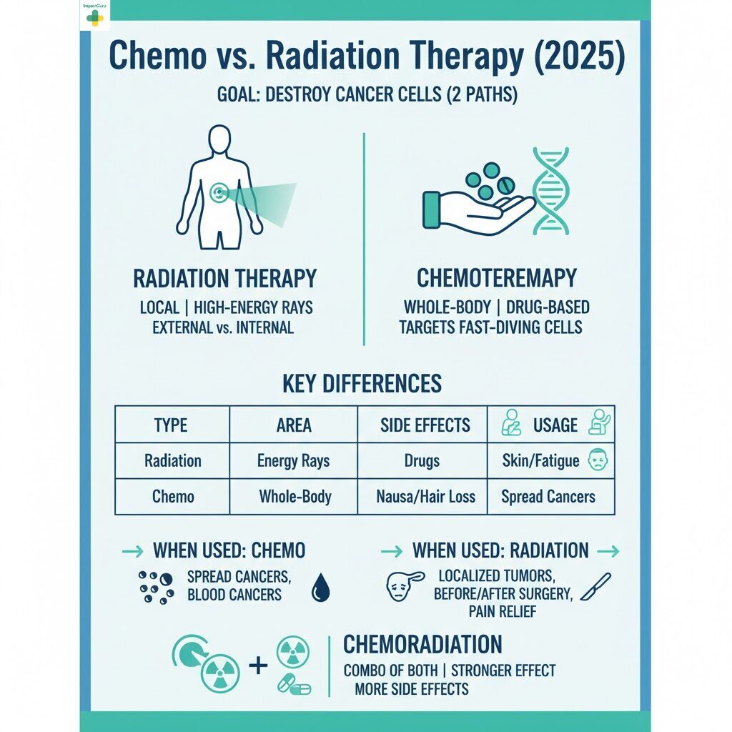 Infographic: Chemo vs. Radiation Therapy (2025). The goal is to destroy cancer cells using two paths: Radiation Therapy (local, high-energy rays, external vs. internal) and Chemotherapy (whole-body, drug-based, targets fast-dividing cells). Key differences are listed: Radiation uses Energy Rays locally with side effects like skin/fatigue, and is used for localized tumors, before/after surgery, and pain relief. Chemo uses Drugs whole-body with side effects like nausea/hair loss, and is used for spread cancers and blood cancers. Chemoradiation is a combo of both for a stronger effect but with more side effects.