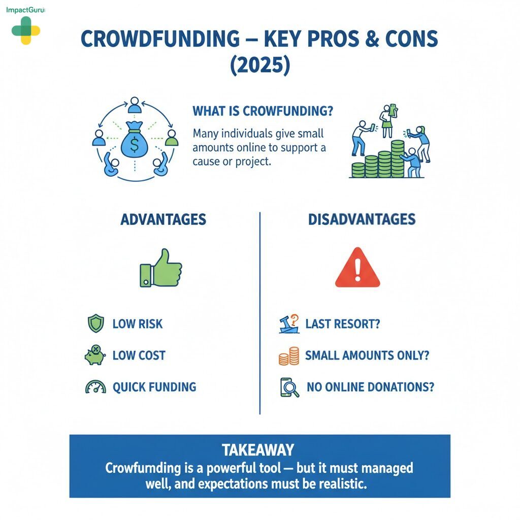 Infographic titled “Crowdfunding – Key Pros & Cons (2025)” showing the advantages of crowdfunding such as low cost, low risk, and quick funding, and disadvantages like small amounts and limited online donations, with a takeaway that crowdfunding is powerful but requires realistic management.