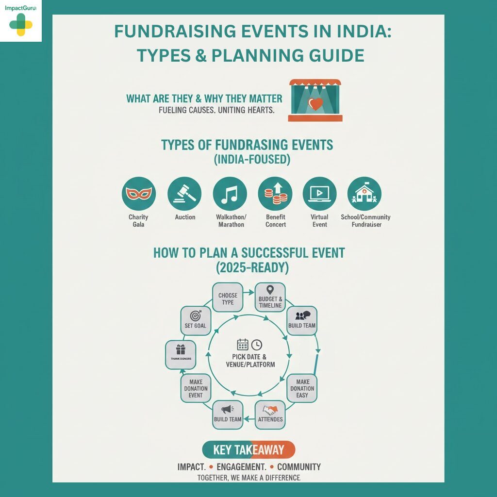 Infographic titled"Fundraising Events in India: Types & Planning Guide." Visually summarizes 7 common fundraising event types in India (Charity Gala, Auction, Walkathon/Marathon, Benefit Concert, Virtual Event, School/Community Fundraiser) and presents a 9-step circular timeline for planning a successful event in 2025, covering goal setting, budgeting, venue selection, promotion, and donor follow-up. Key takeaway emphasizes Impact, Engagement, and Community. (Target Keywords: Fundraising Events India, NGO Planning, Charity Event Types, 2025 Guide)