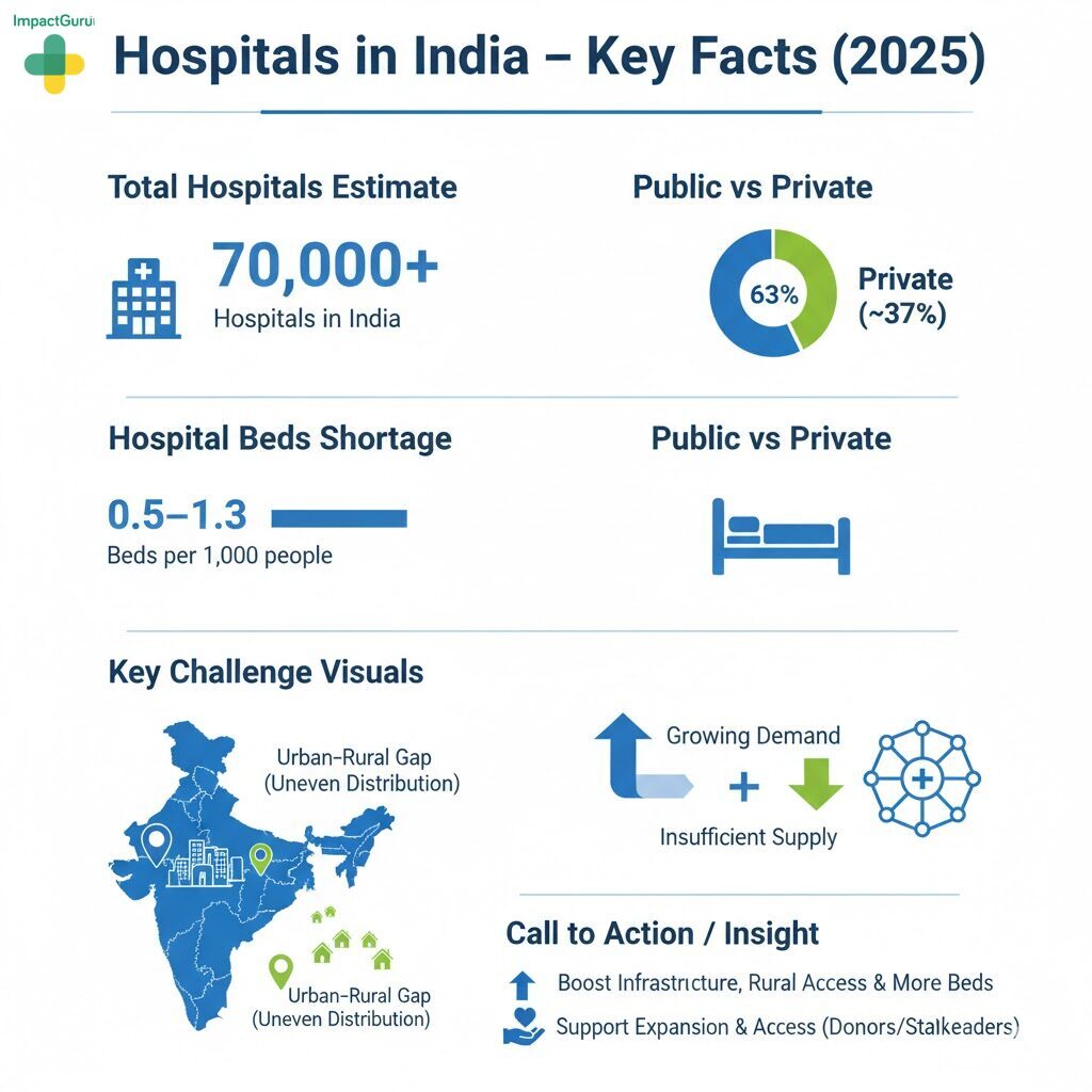 Infographic on Hospitals in India - Key Facts (2025). The total estimate is over 70,000 hospitals in India. Public vs Private breakdown shows Private hospitals are approximately 63% and Public hospitals are approximately 37%. There is a significant Hospital Beds Shortage of 0.5 to 1.3 beds per 1,000 people. Key Challenge Visuals highlight the Urban-Rural Gap and Uneven Distribution of hospitals across the country, showing more hospitals in cities. Another challenge is Growing Demand combined with Insufficient Supply. The Call to Action is to Boost Infrastructure, Rural Access, and more Beds, and Support Expansion and Access for donors and stakeholders.