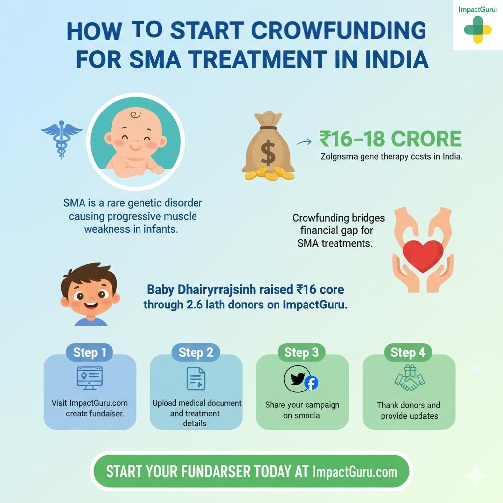 Infographic guide on How to Start Crowdfunding for SMA Treatment in India, detailing the ₹16-18 crore cost of Zolgensma gene therapy, featuring a success story of Baby Dhairyarajsinh, and providing 4 simple steps to start a medical fundraiser on ImpactGuru.com for Spinal Muscular Atrophy patients.