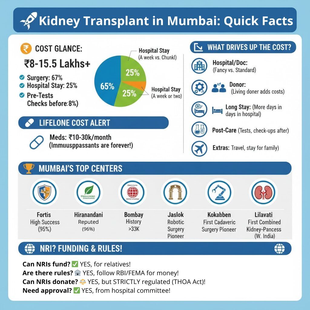 Comprehensive infographic on kidney transplant in Mumbai showing average cost breakdown, key hospitals, factors affecting transplant expenses, donor types, legal guidelines, and recovery stages. Visual data highlights costs, procedures, and hospital comparisons to help patients understand kidney transplant options and pricing in Mumbai, India.