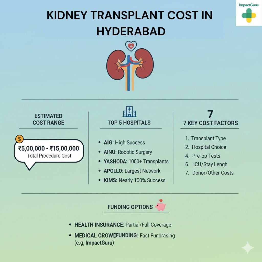 Infographic detailing the estimated cost of a kidney transplant in Hyderabad, optimized for medical and geo-searches. The total procedure cost is shown to range from **₹5,00,000 to ₹15,00,000**. It features the **Top 5 Hospitals** for renal transplant in the city (AIG, AINU, Yashoda, Apollo, KIMS) and outlines **7 Key Cost Factors** (Transplant Type, Hospital Choice, Surgeon Fees, ICU/Stay Length). Funding options like Health Insurance and Medical Crowdfunding are also listed for patients seeking specialized treatment in Hyderabad.
