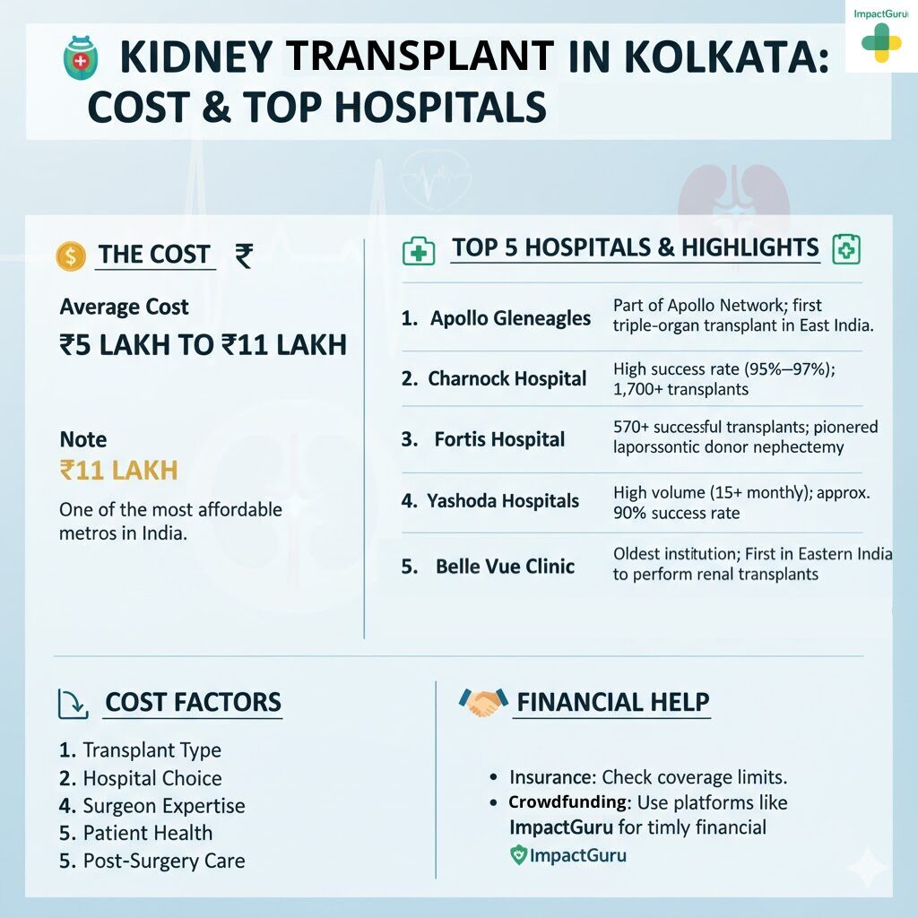 Infographic: Average cost of a kidney transplant in Kolkata (₹5 Lakh to ₹11 Lakh) and a list of the 5 top hospitals, including Apollo Gleneagles, Charnock Hospital, Fortis Hospital, Yashoda Hospitals, and Belle Vue Clinic.