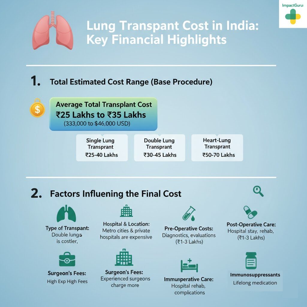 Infographic detailing lung transplant costs in India, including total estimated range of ₹25-35 Lakhs, specific costs for single, double, and heart-lung transplants, and factors like hospital, surgeon fees, pre-op, post-op, and immunosuppressants