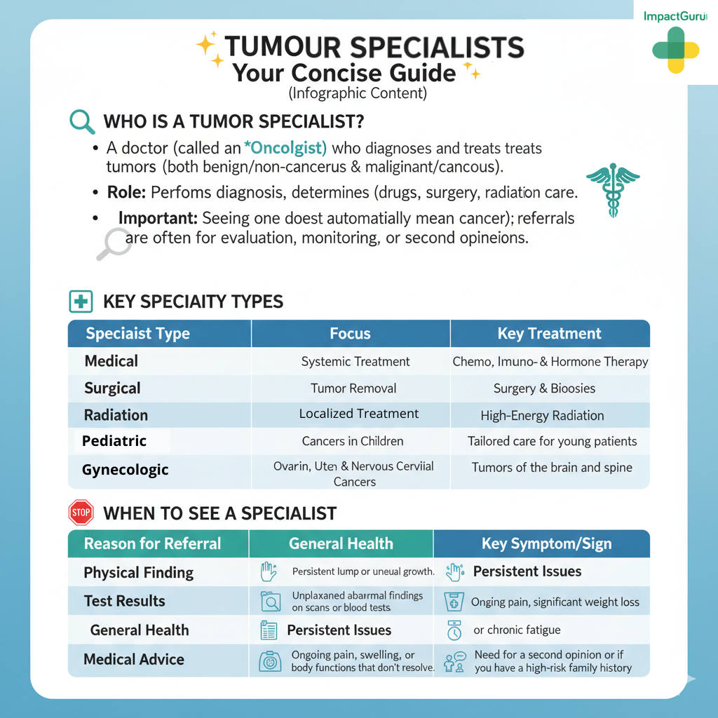 Infographic: Tumour Specialists (Oncologists), Your Concise Guide. An oncologist is a doctor who diagnoses and treats tumors (benign/non-cancerous & malignant/cancerous) using diagnosis, medicines, drugs, surgery, or radiation care. Key specialist types include: Medical (Systemic Treatment with Chemo, Imuno-, & Hormone Therapy), Surgical (Tumor Removal with Surgery & Biopsies), Radiation (Localized Treatment with High-Energy Radiation), Pediatric (Cancers in Children), and Gynecologic (Ovarin, Uten & Nervous Cerviial Cancers). Reasons for referral to a specialist include: Persistent lump or unusual growth, unexplained abnormal findings on scans or blood tests, ongoing pain or chronic fatigue, and need for a second opinion or if you have a high-risk family history.