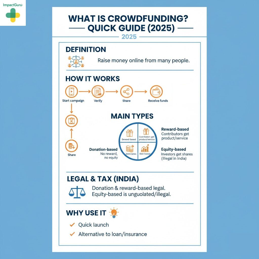 Infographic titled"What is Crowdfunding? Quick Guide (2025)." It defines crowdfunding as raising money online from many people, and details the 5-step process: Start Campaign → Verify → Share → Receive Funds. The Main Types section lists Donation-based (no reward/equity), Reward-based (contributors get product/service), and Equity-based (investors get shares, illegal in India). A section on Legal & Tax (India) clarifies that donation and reward-based crowdfunding are legal, while equity-based is unregulated/illegal. The guide concludes with reasons Why Use It: Quick launch and Alternative to loan/insurance.