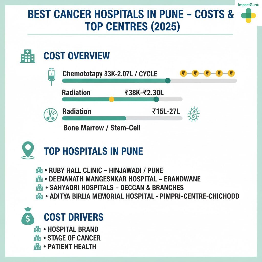 Infographic: Best Cancer Hospitals in Pune – Costs and Top Centres (2025). The Cost Overview for cancer treatment shows Chemotherapy costs from ₹33K to ₹2.07L per cycle, Radiation costs from ₹38K to ₹2.30L, and Bone Marrow/Stem-Cell transplant costs from ₹15L to ₹27L. Top Hospitals in Pune are listed as: Ruby Hall Clinic - Hinjawadi/Pune, Deenanath Mangeshkar Hospital - Erandwane, Sahyadri Hospitals - Deccan & Branches, and Aditya Birla Memorial Hospital - Pimpri-Centre-Chichodd. Key Cost Drivers for treatment are Hospital Brand, Stage of Cancer, and Patient Health.
