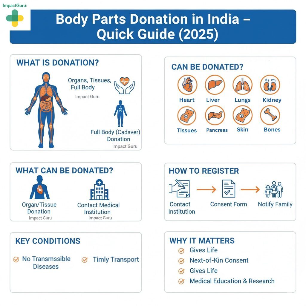 Infographic: Body Parts Donation in India &ndash; Quick Guide (2025). What is Donation: Organs, Tissues, and Full Body (Cadaver) Donation. Types of organs and tissues that can be donated include the Heart, Liver, Lungs, Kidneys, Corneas, Pancreas, Skin, and Bones. Organ/Tissue Donation requires contacting a medical institution. How to Register involves contacting an Institution, signing a Consent Form, and Notifying Family. Key Conditions for donation are No Transmissible Diseases and Timely Transport. Why Donation Matters: It Gives Life, requires Next-of-Kin Consent, Gives Life (repeated for emphasis), and supports Medical Education and Research.