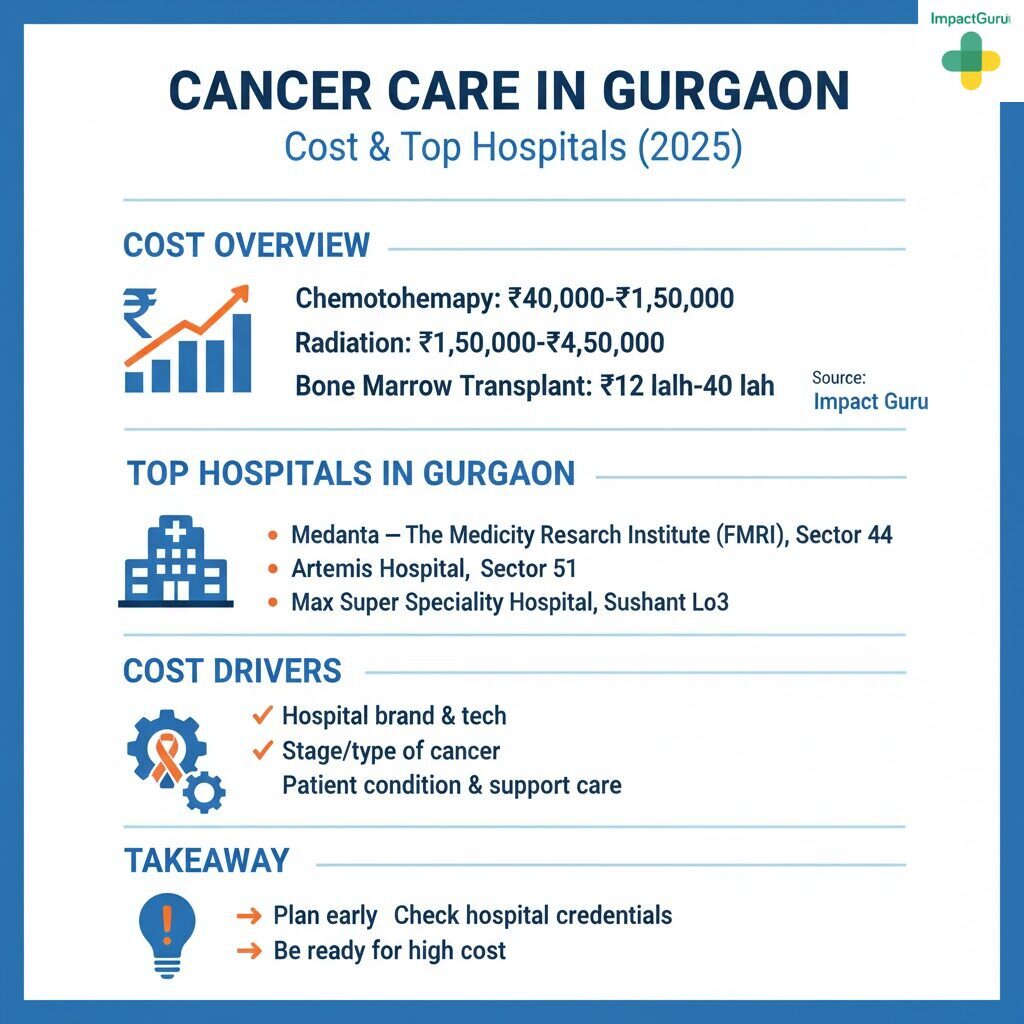 Cancer Care in Gurgaon (2025) &ndash; Cost & Top Hospitals. The Cost Overview shows estimated costs for treatments: Chemotherapy is ₹40,000&ndash;₹1,50,000, Radiation is ₹1,50,000&ndash;₹4,50,000, and Bone Marrow Transplant is ₹12 lakh&ndash;₹40 lakh. Top Hospitals in Gurgaon are Medanta &ndash; The Medicity Research Institute (FMRI) in Sector 44, Artemis Hospital in Sector 51, and Max Super Speciality Hospital in Sushant Lok 3. Cost Drivers include Hospital brand and tech, Stage/type of cancer, and Patient condition & support care. The Takeaway advises patients to Plan early, Check hospital credentials, and Be ready for high costs