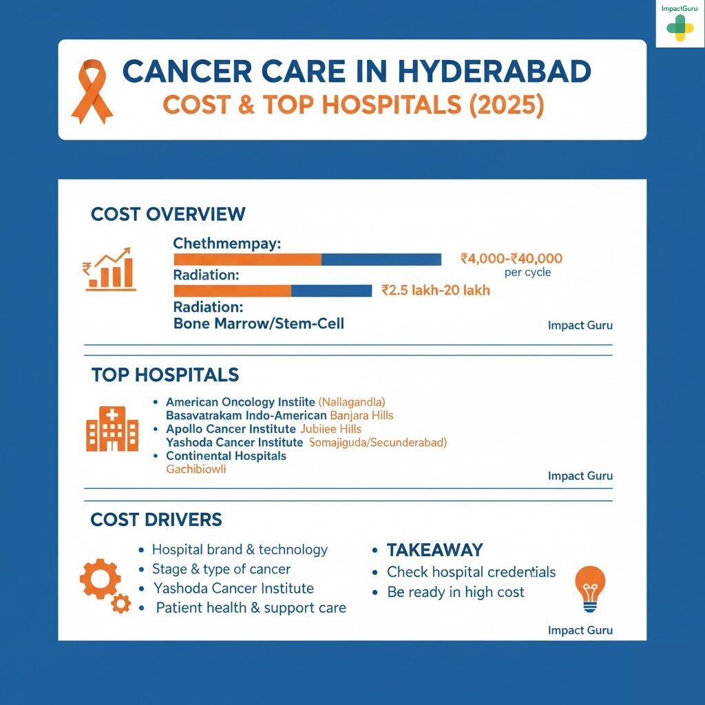 Cancer Care in Hyderabad – Cost & Top Hospitals (2025). The Cost Overview for cancer treatment shows Chemotherapy costs from ₹4,000 to ₹40,000 per cycle, Radiation costs from ₹2.5 lakh to ₹20 lakh, and Bone Marrow/Stem-Cell costs (implied in the chart). Top Hospitals in Hyderabad are: American Oncology Institute (Nallagandla), Basavatrakam Indo-American (Banjara Hills), Apollo Cancer Institute (Jubilee Hills), Yashoda Cancer Institute (Somajiguda/Secunderabad), and Continental Hospitals (Gachibowli). Key Cost Drivers include Hospital brand & technology, Stage & type of cancer, and Patient health & support care. The Takeaway is to Check hospital credentials and Be ready for high costs.