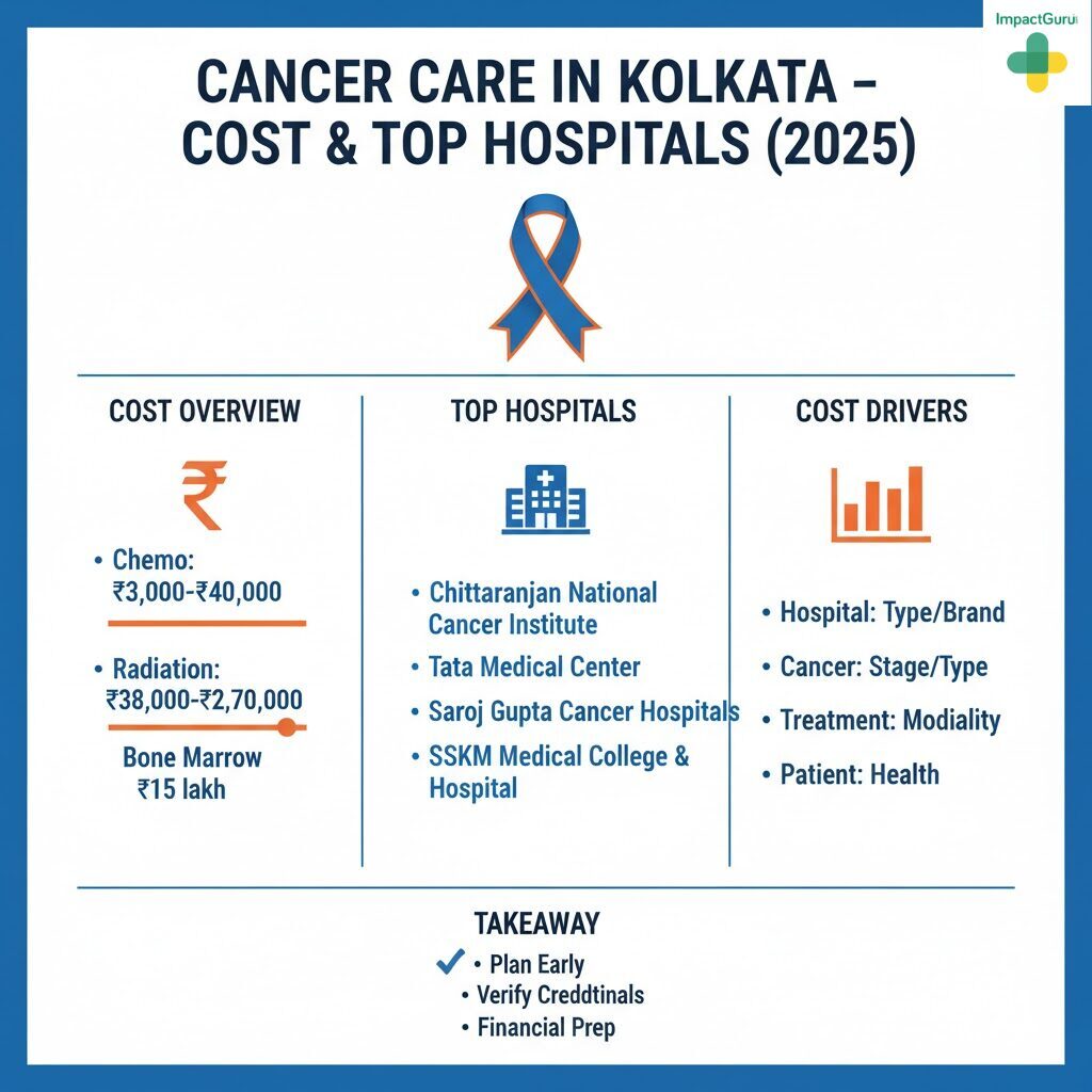 Cancer Care in Kolkata – Cost & Top Hospitals (2025). The Cost Overview for cancer treatment shows Chemotherapy costs from ₹3,000 to ₹40,000, Radiation costs from ₹38,000 to ₹2,70,000, and Bone Marrow Transplant cost starting from ₹15 lakh. Top Hospitals in Kolkata are Chittaranjan National Cancer Institute, Tata Medical Center, Saroj Gupta Cancer Hospitals, and SSKM Medical College & Hospital. Key Cost Drivers include Hospital Type/Brand, Cancer Stage/Type, Treatment Modality, and Patient Health. The Takeaway advises patients to Plan Early, Verify Credentials, and Financial Prep.