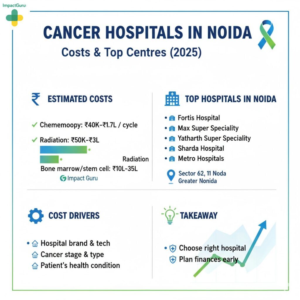 Cancer Hospitals in Noida – Costs & Top Centres (2025). Estimated Costs for cancer treatment: Chemotherapy is ₹40K–₹1.7L per cycle, Radiation is ₹50K–₹3L, and Bone Marrow/Stem Cell transplant is ₹10L–₹35L. Top Hospitals in Noida are Fortis Hospital, Max Super Speciality, Yatharth Super Speciality, Sharda Hospital, and Metro Hospitals, located in Sector 62, 11 Noida, and Greater Noida. Cost Drivers include Hospital brand and tech, Cancer stage & type, and Patient's health condition. The Takeaway is to Choose the right hospital and Plan finances early.