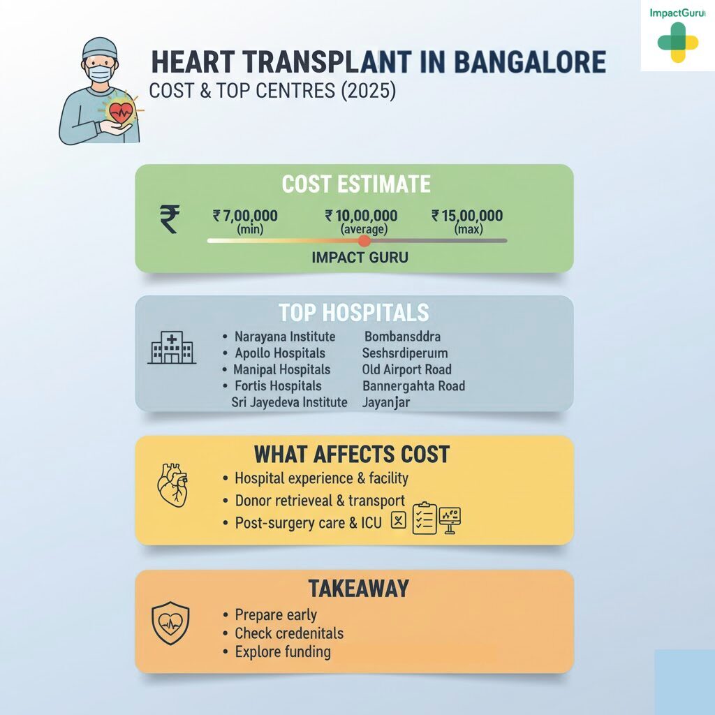 Infographic: Heart Transplant in Bangalore (Bengaluru) &ndash; Cost & Top Centres (2025). The Cost Estimate for a heart transplant ranges from ₹7,00,000 (minimum) to ₹15,00,000 (maximum), with an average cost of ₹10,00,000. Top Hospitals for heart transplants in Bangalore are Narayana Institute - Bommasandra/Seshrdigerum, Apollo Hospitals - Old Airport Road, Manipal Hospitals - Bannergahta Road, Fortis Hospitals, and Sri Jayedeva Institute - Jayanagar. Factors that Affect Cost include Hospital experience and facility, Donor retrieval and transport, and Post-surgery care & ICU. The Takeaway advises patients to Prepare early, Check credentials, and Explore funding.