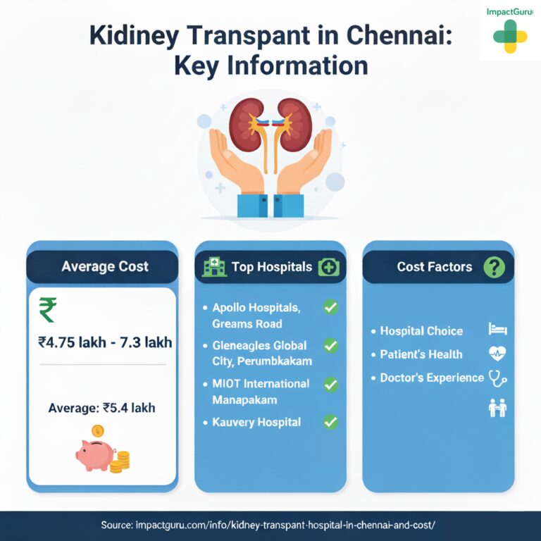 Infographic showing key information about kidney transplant in Chennai, including average cost ₹4.75–₹7.3 lakh, top hospitals such as Apollo Hospitals Greams Road, Gleneagles Global City Perumbakkam, MIOT International Manapakkam, and Kauvery Hospital, and major cost factors like hospital choice, patient’s health, and doctor’s experience.