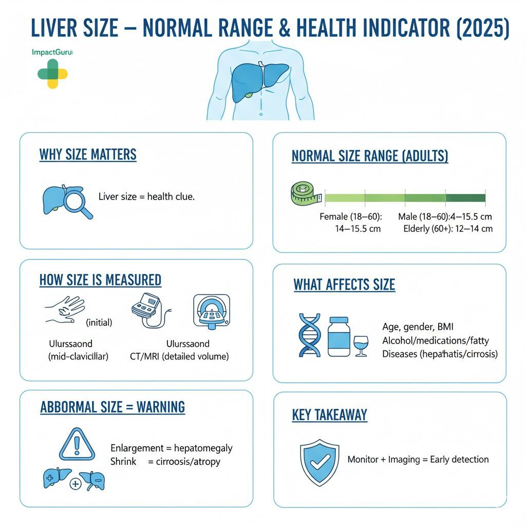 Infographic: Liver Size – Normal Range & Health Indicator (2025). Why Size Matters: Liver size is a health clue. The Normal Size Range for Adults is: Female (18–60) is 14–15.5 cm; Male (18–60) is 4–15.5 cm; and Elderly (60+) is 12–14 cm. How Size is Measured: Initially by Ultrasound (mid-clavicular) or detailed volume using CT/MRI. What Affects Size: Age, gender, BMI, alcohol/medications/fatty liver, and diseases like hepatitis or cirrhosis. Abnormal Size is a Warning: Enlargement is called hepatomegaly, and Shrinkage is called cirrhosis/atrophy. The Key Takeaway is that monitoring plus imaging equals early detection.