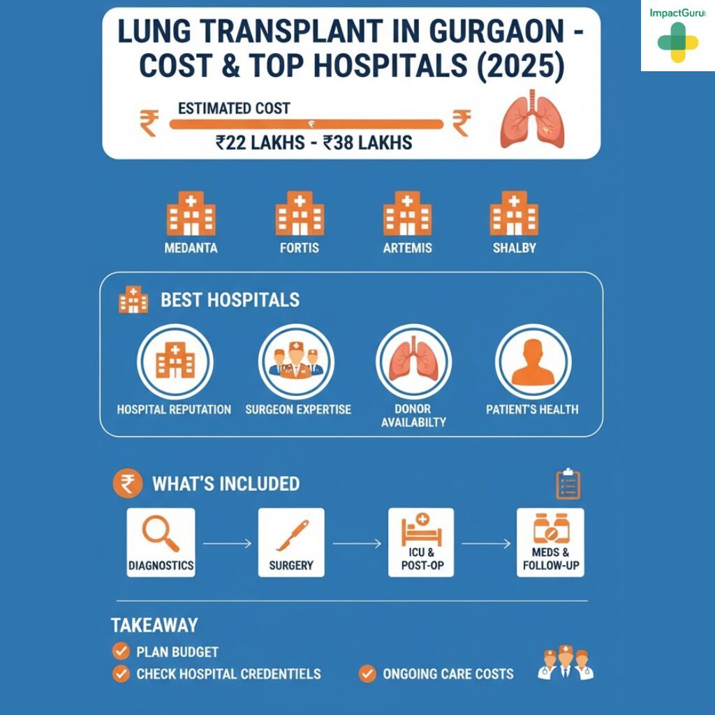 Infographic explaining lung transplant in Gurgaon (2025), showing estimated cost ₹22&ndash;₹38 lakh, best hospitals (Medanta, Fortis, Artemis, Shalby), cost factors like hospital reputation and surgeon expertise, and included services such as diagnostics, surgery, ICU, and follow-up care.