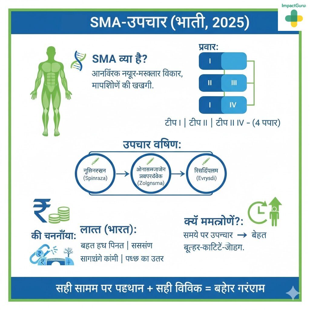 भारत में SMA (स्पाइनल मस्कुलर एट्रॉफी) उपचार 2025 का हिंदी इन्फोग्राफिक, जिसमें रोग के प्रकार, प्रमुख दवाइयाँ (Spinraza, Zolgensma, Evrysdi), लागत, और समय पर इलाज के महत्व को दर्शाया गया है।