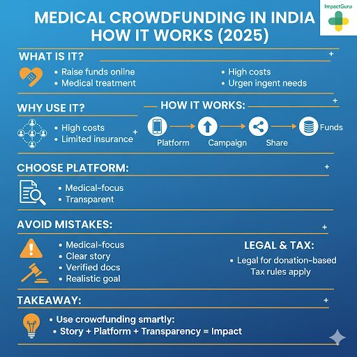 Infographic: Medical Crowdfunding in India - How It Works (2025). What it is: Raising funds online for medical treatment due to high costs and urgent needs. Why use it: High costs and limited insurance coverage. How it works: Use a Platform to launch a Campaign, Share the campaign, and receive Funds. To Choose a Platform, look for medical-focus and transparency. To Avoid Mistakes, ensure a medical-focus, a clear story, verified documents, and a realistic goal. Legal & Tax notes indicate the process is legal for donation-based models and tax rules apply. Takeaway: Use crowdfunding smartly; Story + Platform + Transparency equals Impact.